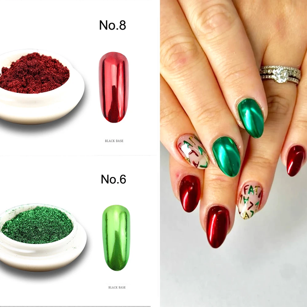 2BOX/Set Red Green Chrome Mirror Nail Glitter Powder Sparkly Shimmer Metallic Effect Pigment Xmas UV/Led Gel Polish Rubing Dust