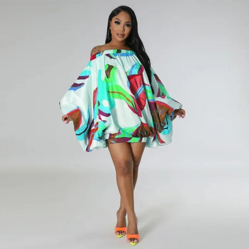 Sukienka GUWU, elastyczny dół, odkryte ramiona, dekolt typu slash neck, długi rękaw typu lampion, drukowana suknia balowa, sukienka typu smock, vintage, damska, letnia, vestidos