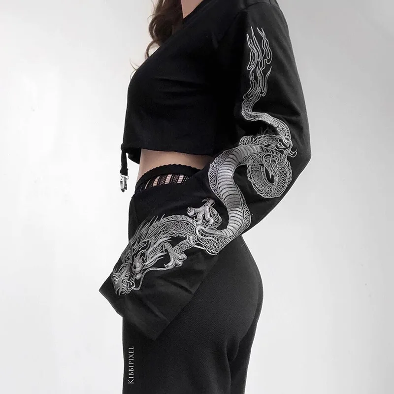 Women Wide Sleeve Crop Sweatshirt Dragon Top Loose Fit Casual Pullover Crop Top Long Sleeve Hoodie Woman Short Hip-hop Loose Top