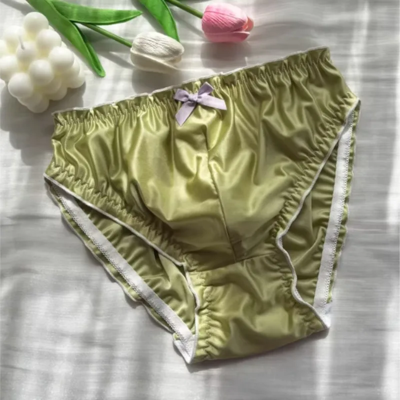 Cute Bow Cotton Stretchy Underwear Men Sexy Silky Gloss Briefs Comfort Breathable Ruffled Sissy Cosplay Underwear