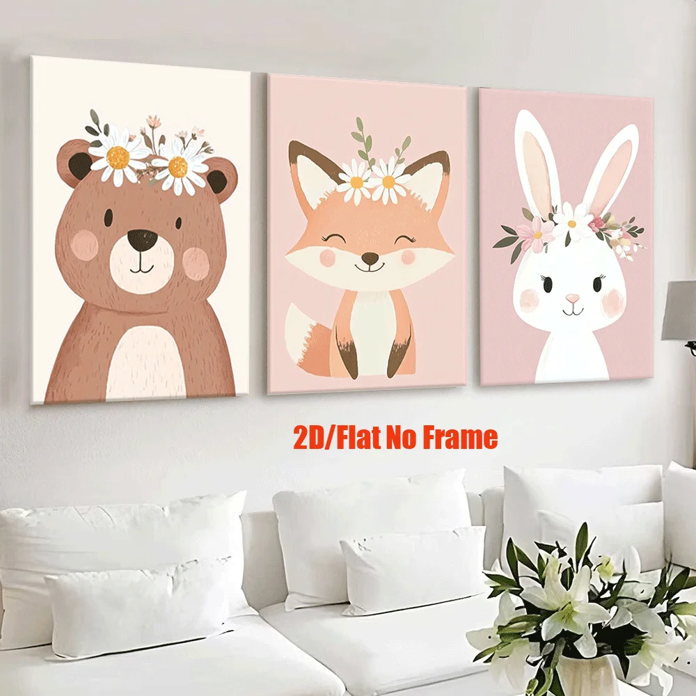（NO Frame 3PCS）-2D Flat, 2D/Flat, 3pcs/set, Canvas Paintings-frameless, Cute Animals with Flowers on Their Heads, Wall Decora