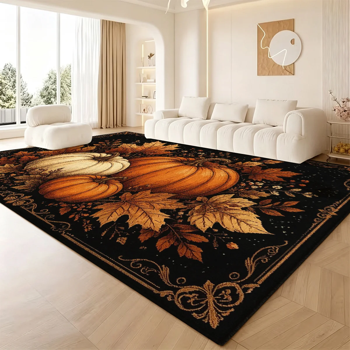 1pc Luxurious Velvet Rectangular Area Rug, Thanksgiving Decoration with Black Background and Orange and White Pumpkin and Maple Leaf Pattern, Non-Slip and Washable, Suitable for Entrance, Living Room, Bedroom, Kitchen, and Home Decoration, Christmas/Thank