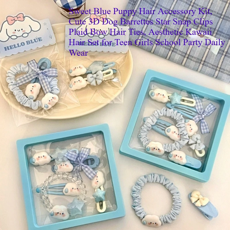 Kawaii Cartoon Floppy Dog Hair Accessories Set, Blue Plaid Bow Star Hair Clips & Elastic Scrunchies, Sweet Cute Puppy Hair Pins for Girls Daily Makeup Hairstyle Decor