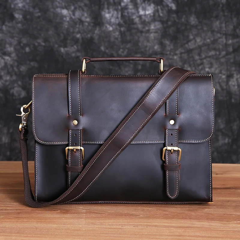 Men\'s Top Layer Cowhide Handbag Briefcase Retro Mad Horse Leather Single Shoulder Crossbody Messenger Bag Leather Computer Bag