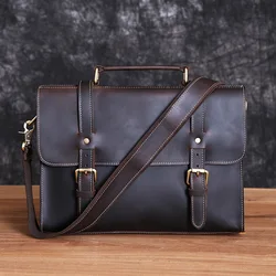 Bolsa de couro de camada superior masculina maleta retro cavalo louco couro ombro único crossbody saco do mensageiro bolsa de computador de couro