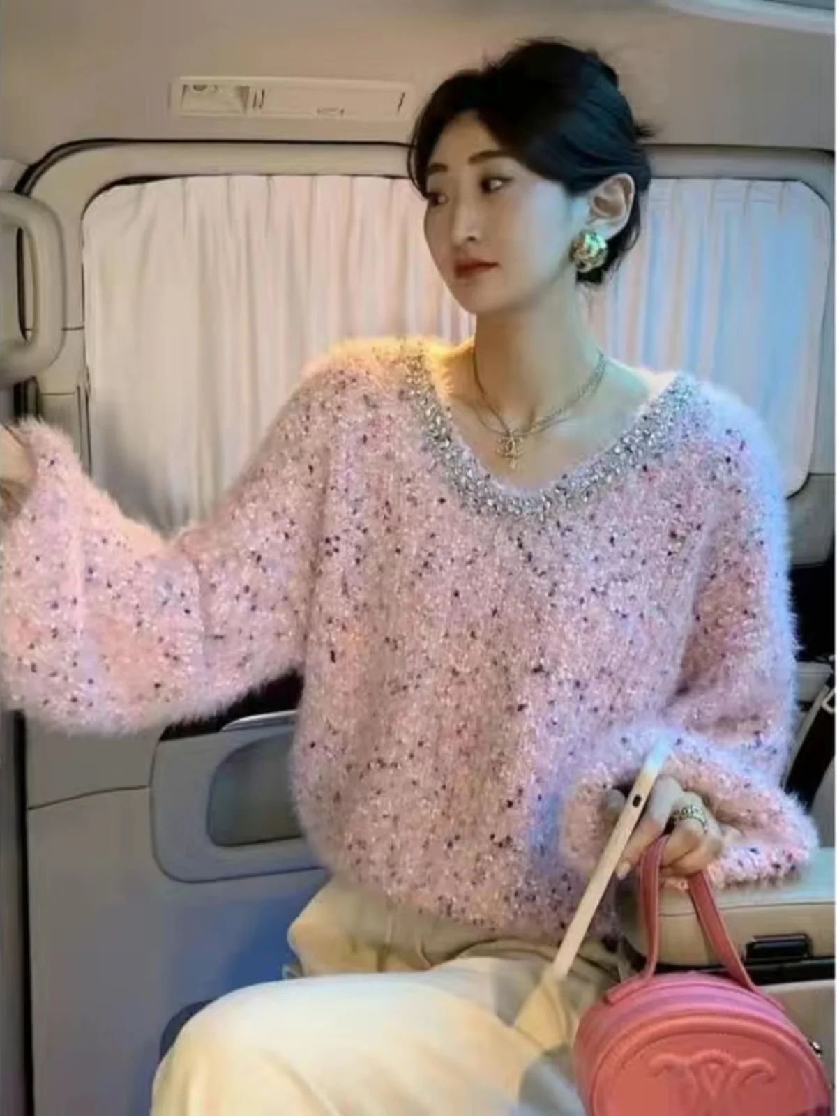 

Women's Autumn Winter Thiened Diamond Embellied Tie Dye Knitwear Polka Dot Sweater Luxury Sensation Long Sve V Ne Top