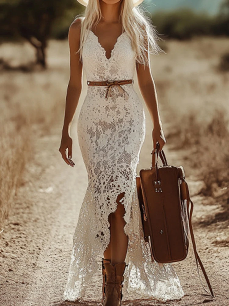 Elegante decote em v sem mangas bohe vestido branco senhora sexy renda bordado oco estilingue vestido moda irregular sólido magro vestido de festa