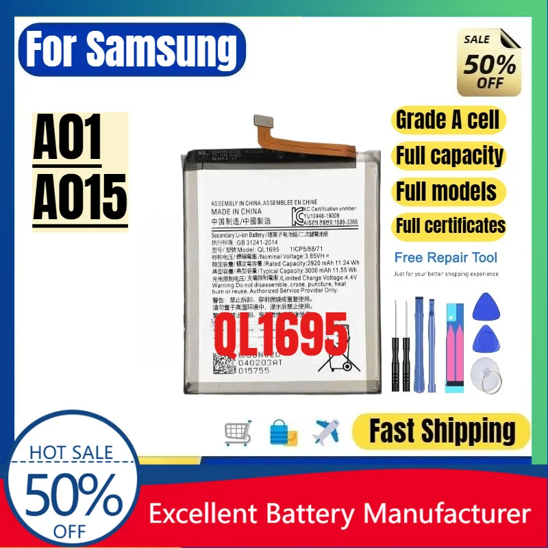 0 Cycle QL1695 Battery for Samsung Galaxy A01 A015 Phone Battery High Quality Replacement Battery Lithium Ion Bateria with Tools