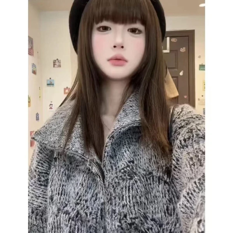 ديبتاون الكورية نمط سستة سترة المرأة خمر Harajuku سترة فضفاضة غير رسمية نمط المال القديم الخريف الشتاء سترة مشغولة من الصوف #5