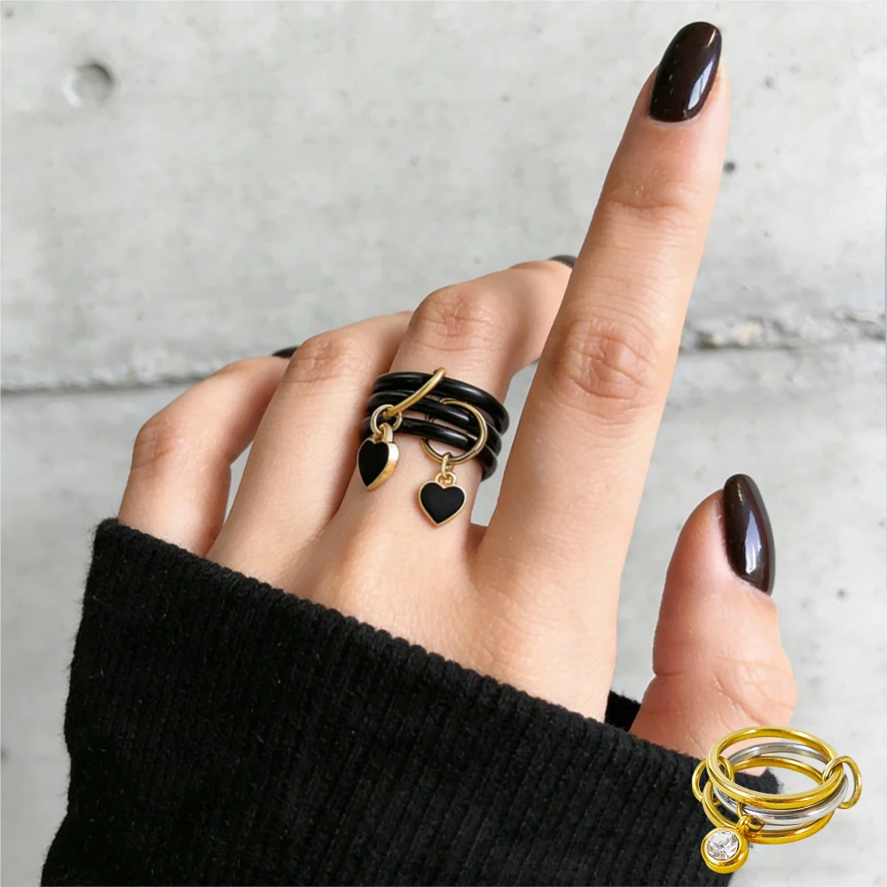 Anillos Spinelli Kilcollin de acero inoxidable INS, colgantes de corazón negros para mujer, anillo apilable de múltiples capas, joyería de moda