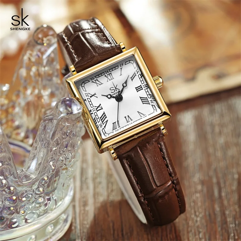 Shengke New Design Ladies Quartz Watches Fashion Square Elegant Women Wristwatches Top Luxury Leather Strap Female Gifts Clock