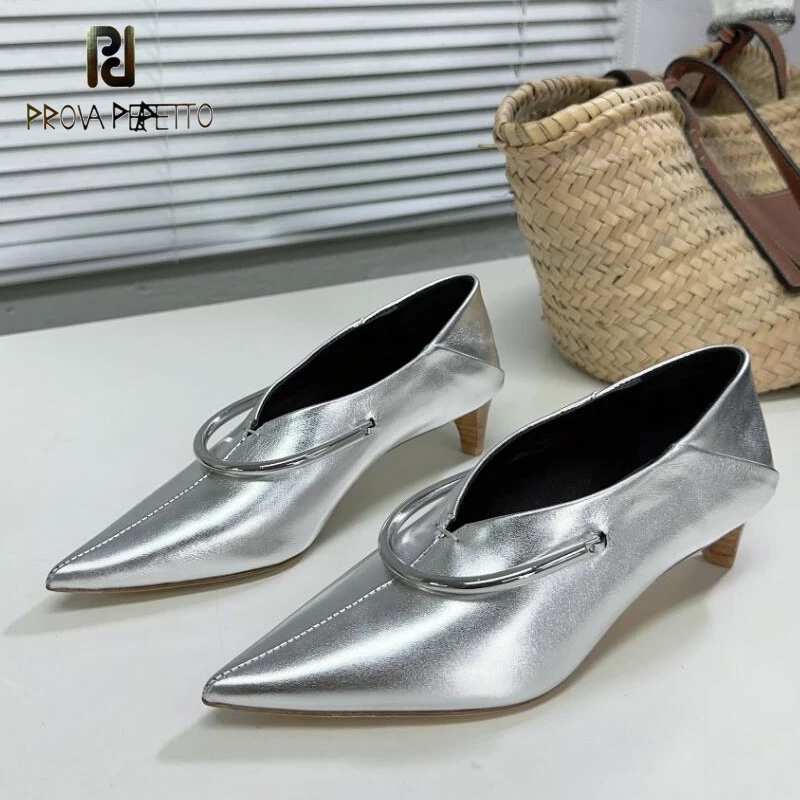 

3.5cm Heel Single Shoes Pointed Toe Cat Heel Vintage Ring Buckle Hardware Witch Pumps Gold Silver Real Leather Autumn Dress Shoe