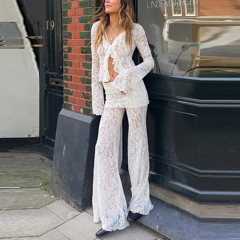 Chic See-through Sheer Boho Suit Women Sexy Lace 2 Piece Outfit Ruffle V Neck Flare Long Sleeve Top And Flared Pant Matching Set