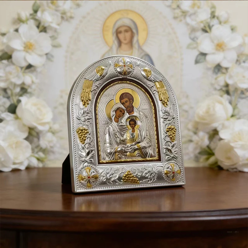 

Luxury Silver Gold Plated Orthodox Holy Family Icon with Embossed Arch Frame for Church Liturgy Home Altar Devotion Christian