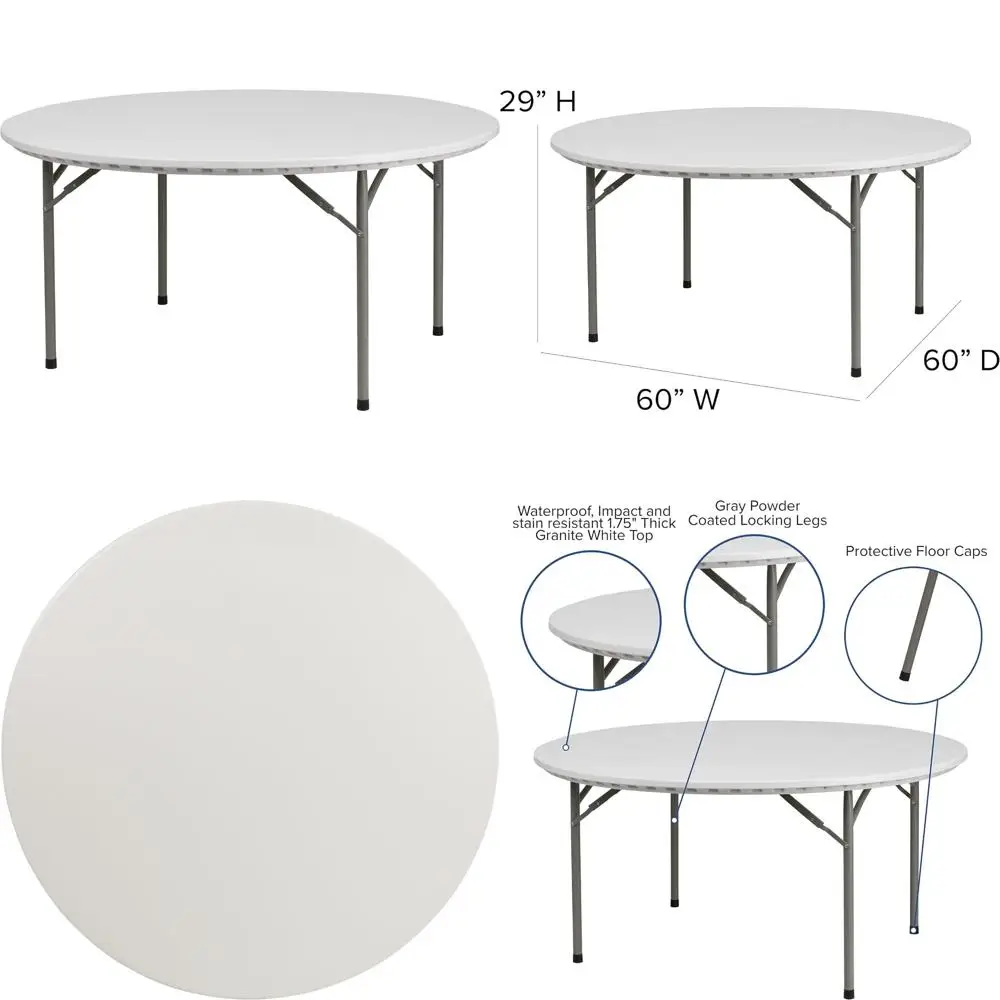 Flash Furniture Kathryn 5 Fuß runder granitweißer Kunststoff-Klapptisch, runder Tisch in kommerzieller Qualität für 8 Gäste