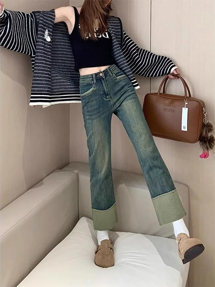 High Waist Straight Leg Vintage Roll up Jeans Women's Summer plus Size Slimming Nine Patchwork ing Pants