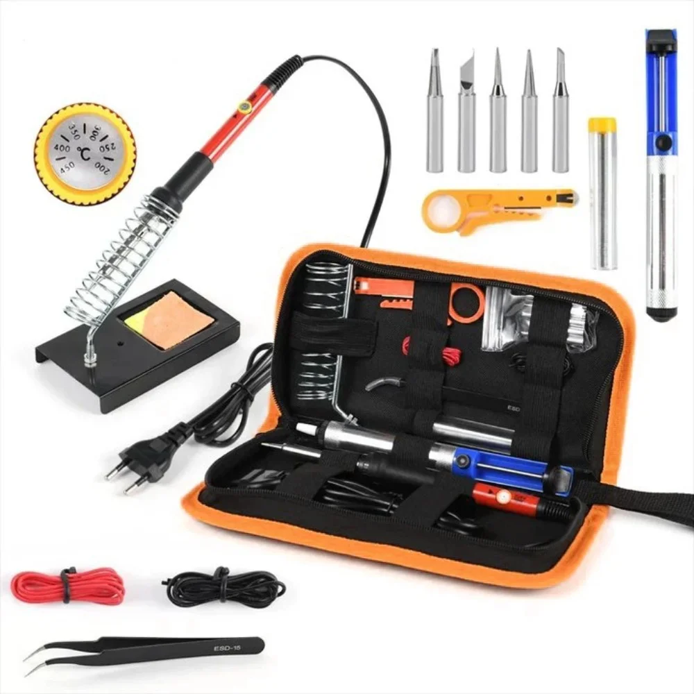 15PCS 60W Adjustable‑Temp Soldering Iron Kit for Motorcycle Repair,220V 450°C Welding Set with Solder Sucker & Tin Wire, EU Plug