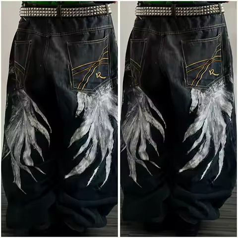 Hip Hop Gothic Wing Print Baggy Jeans Y2k Retro Punk Wide Leg Black Denim Pants Street Casual Joker Streetwear Men Clothing