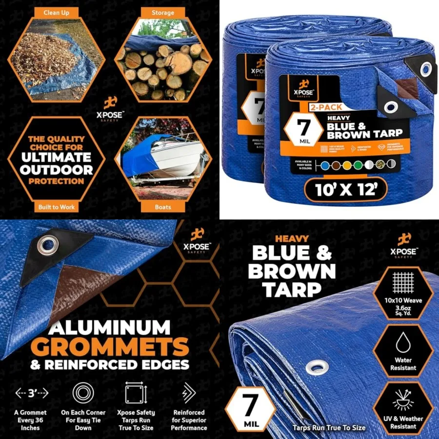 10' x 12' 2-Pack Heavy Blue/Brown Tarp Waterproof - 7 Mil Weatherproof Camping Tarp for Tent, Rain, Wind and Sun Plastic Tarpau