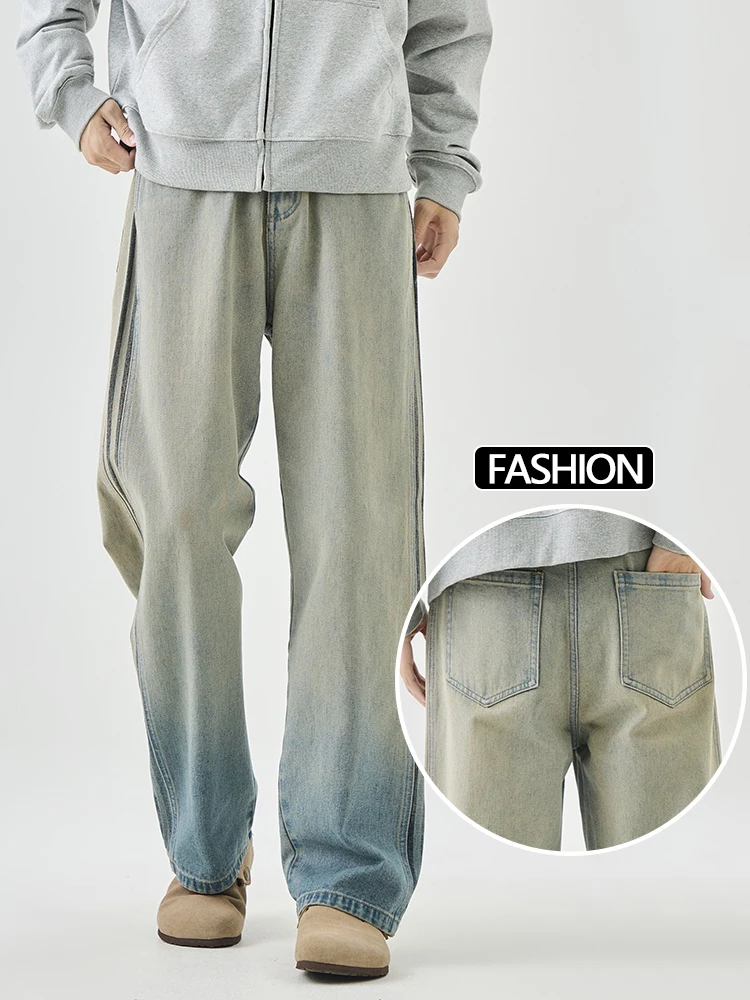 

Осенние мужские модные джинсы с градиентом High Street, американские широкие брюки, свободные прямые брюки, повседневные для повседневных путешествий