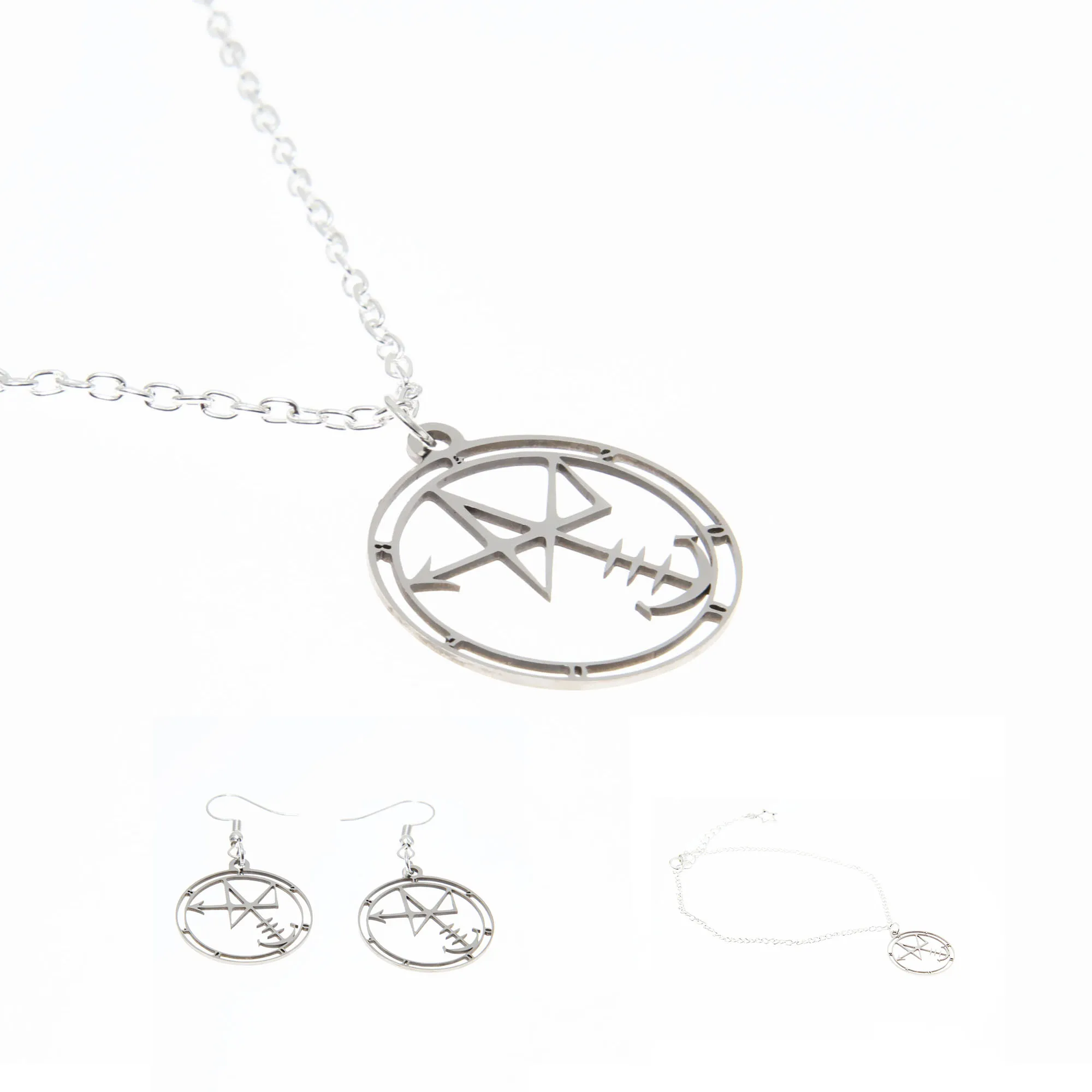 Abaddon Symbol Silver Tone Necklace, Bracelet, and Earrings Empowering Demonic Sigil Jewelry Set for Enthusiasts