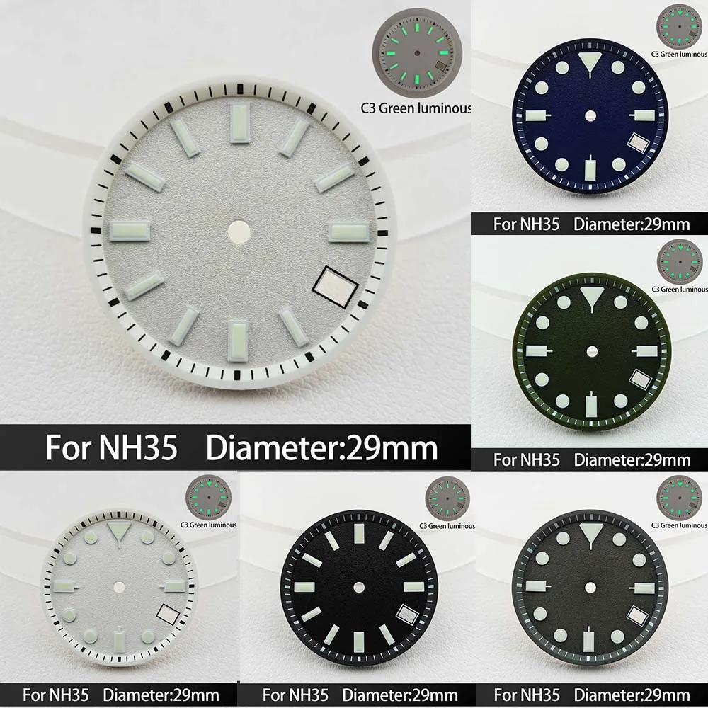 For NH35/NH36 Dials 29mm C3 Green luminous Calendar Window Concave Dial NH35 Automatic Movement Watch Replacement Parts
