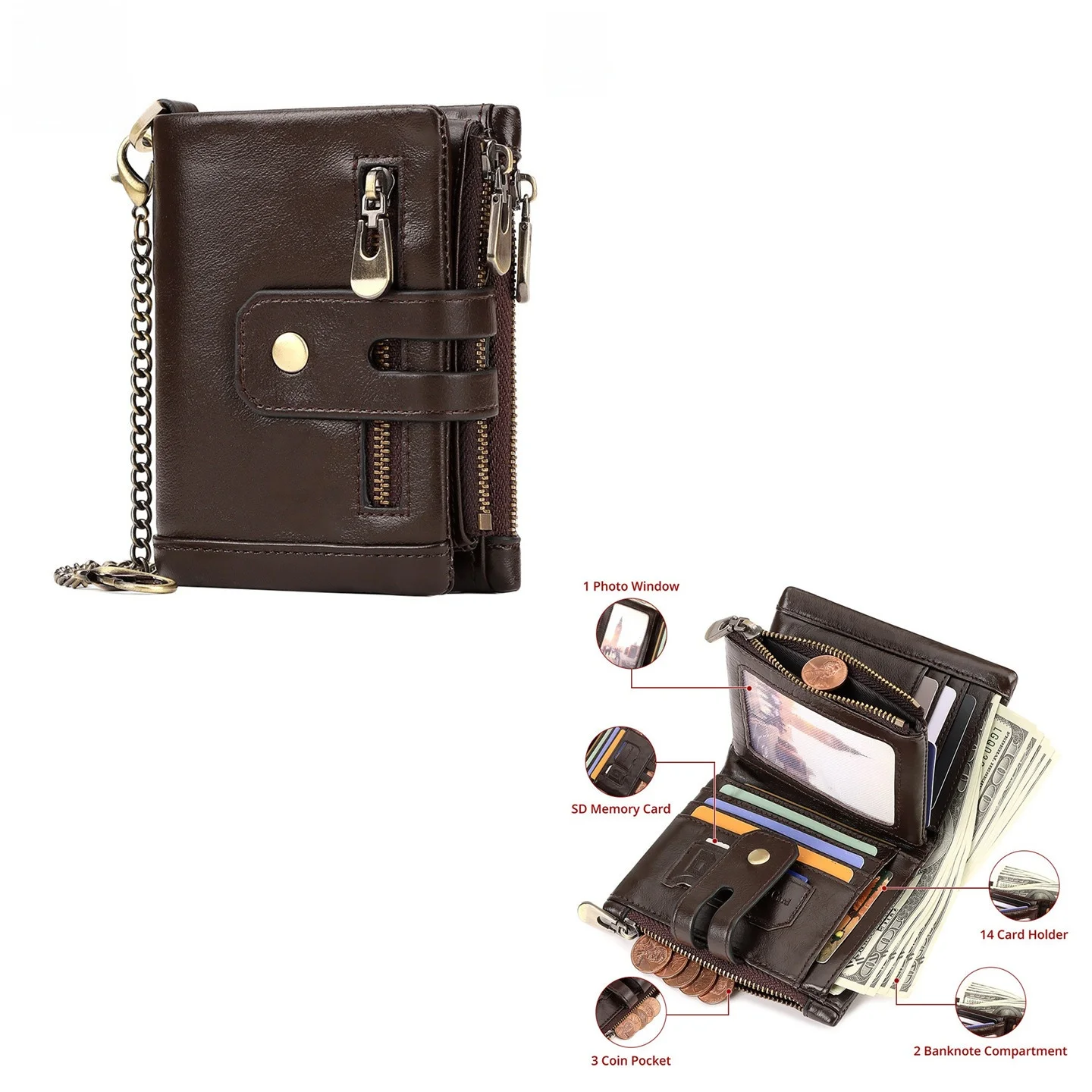 

High Capacity Leather Coin Purse Top Layer Cowhide Zipper American Dollar Clamp Anti-Theft Brush Pull Chain Wallet