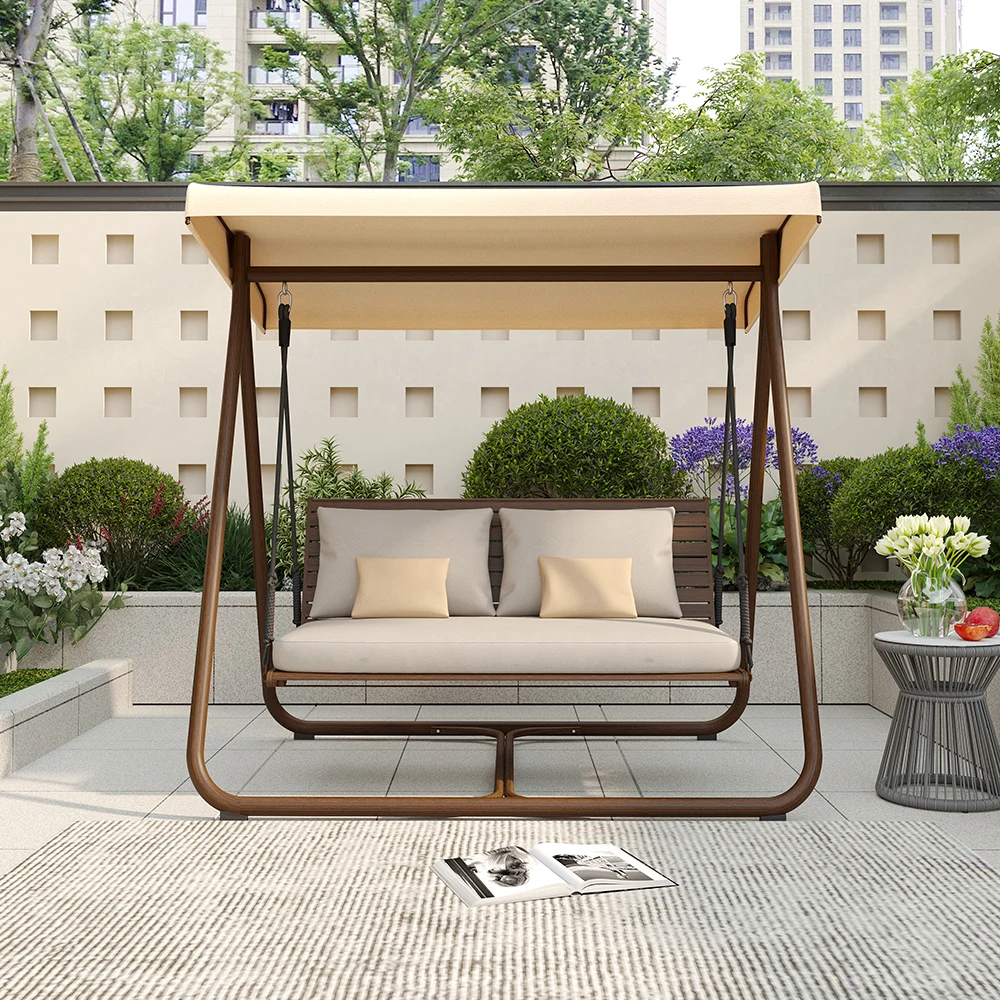 *Y- Modern Aluminum Outdoor Porch Swing with Stand, Canopy & Cushions All-Weather Patio Swing Chair for Garden & Courtyard