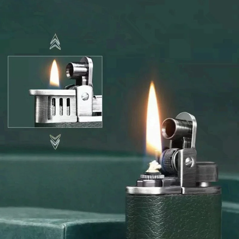 CHIEF Pure Hand Sewing Genuine Leather Kero sene Lighter Windproof Hood Adjusting Flame Size Grinding Wheel Ignition Gadgets
