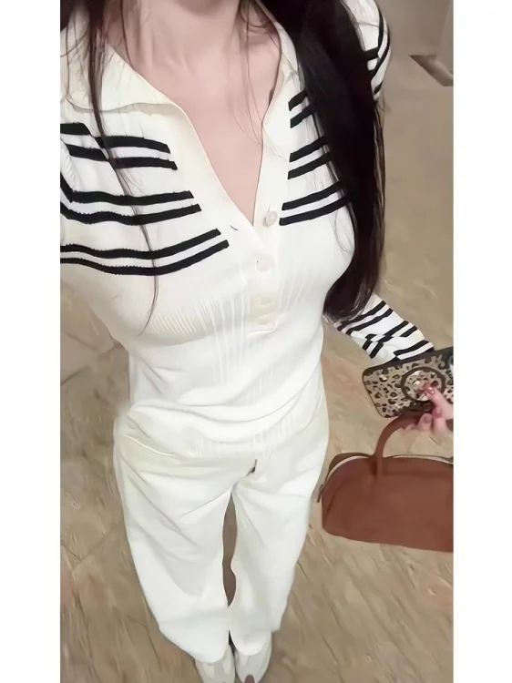 Farbblock Gestreifter Strick-Langarm-Pullover für Damen, Herbstmode 2025, Neu mit Offenem Kragen, Hochwertiges Gefühl