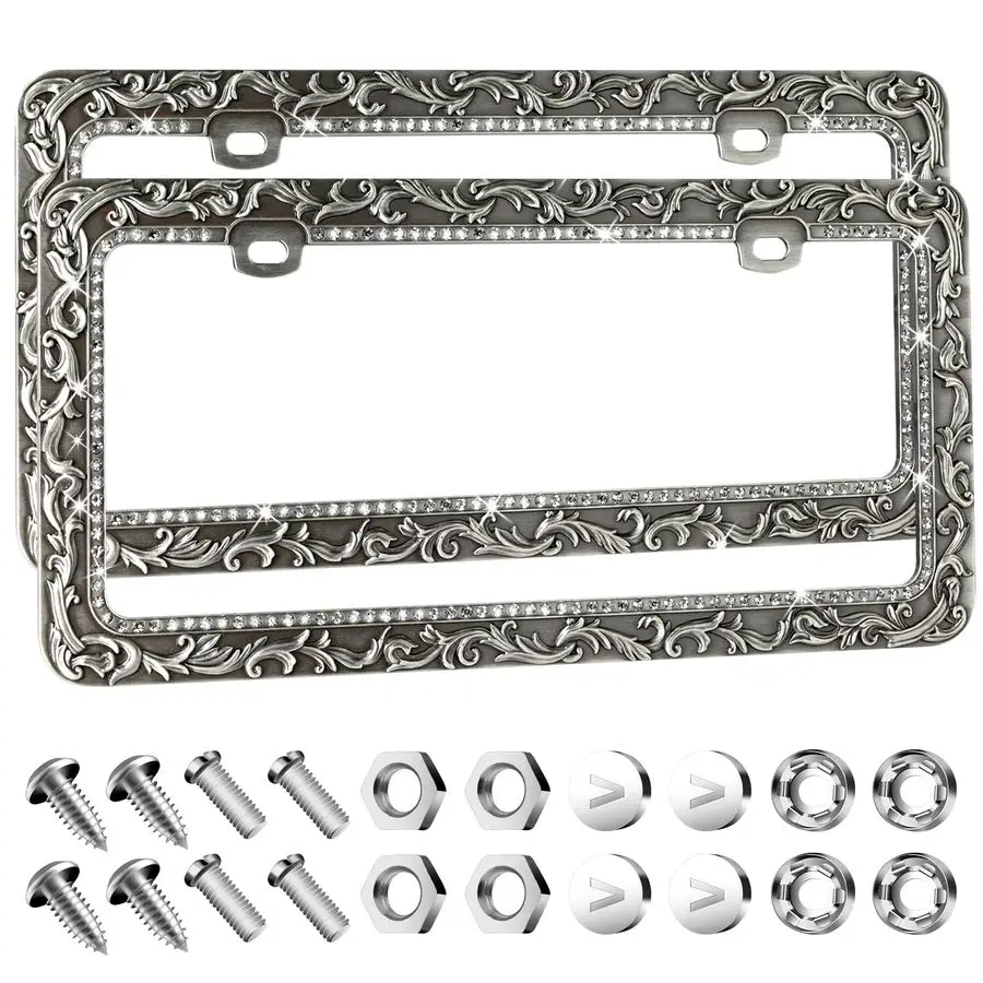

Metal Car License Plate Frames,Antique Old Pattern Printing, Bling Crystal Rhinestones Inlaid,Universal 2 Holes Automotive Repla