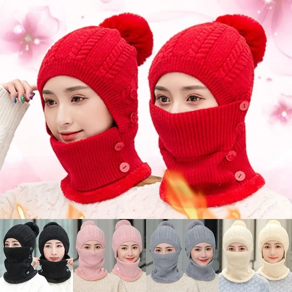 

Windproof Wool Knitted Women Wool Knitted Hat Thick Keep Face Warmer Knit Scarf Cap Face Warmer Pompoms Cap