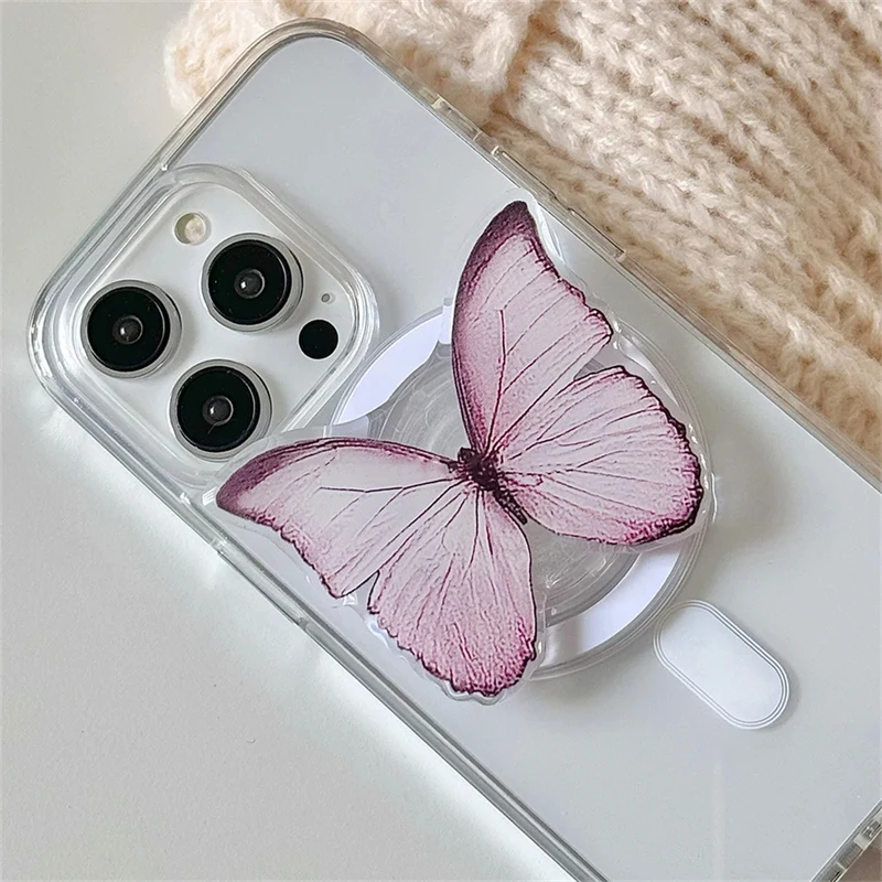 Korean Pink Butterfly For Magsafe Magnetic Phone Griptok Grip Tok Stand For iPhone Foldable Wireless Charging Case Holder Ring