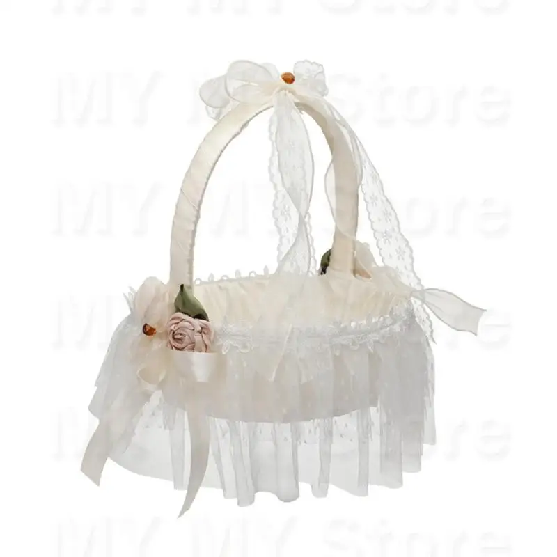 

N1HE Light weight White Flowers Basket Wedding Bowknot Pattern Flowers Basket