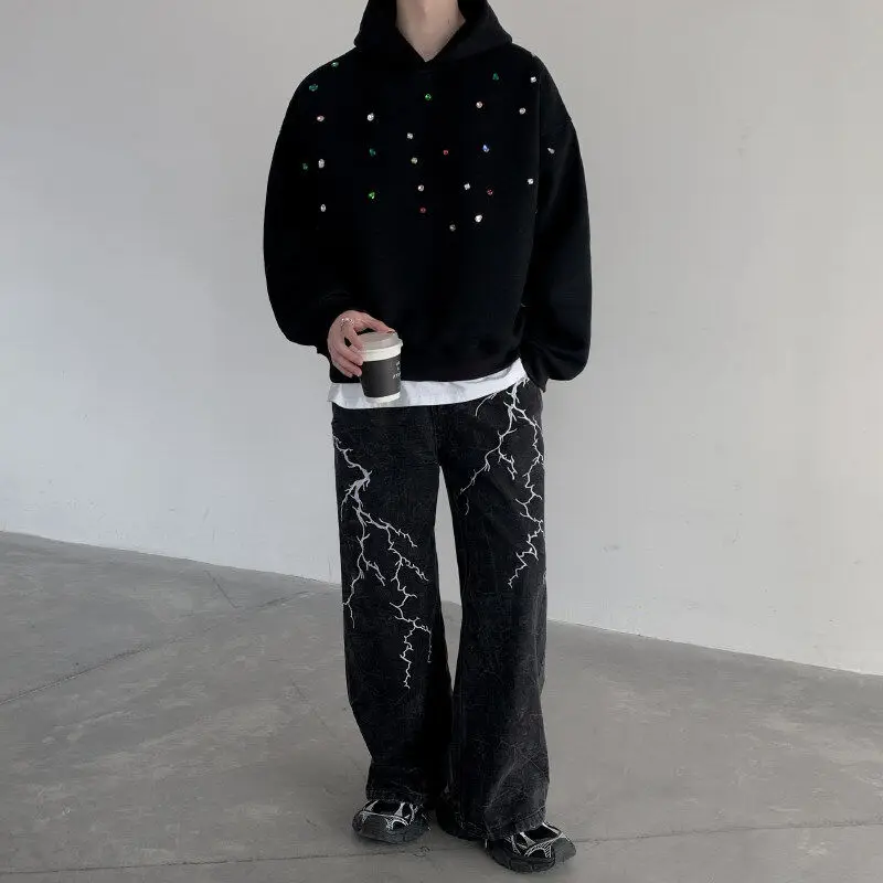 2025 Spring Trend Personality Handsome Color Bright Diamond Color Matching Decorative Sweatshirts Men's Hooded Sweatshirt Jacket