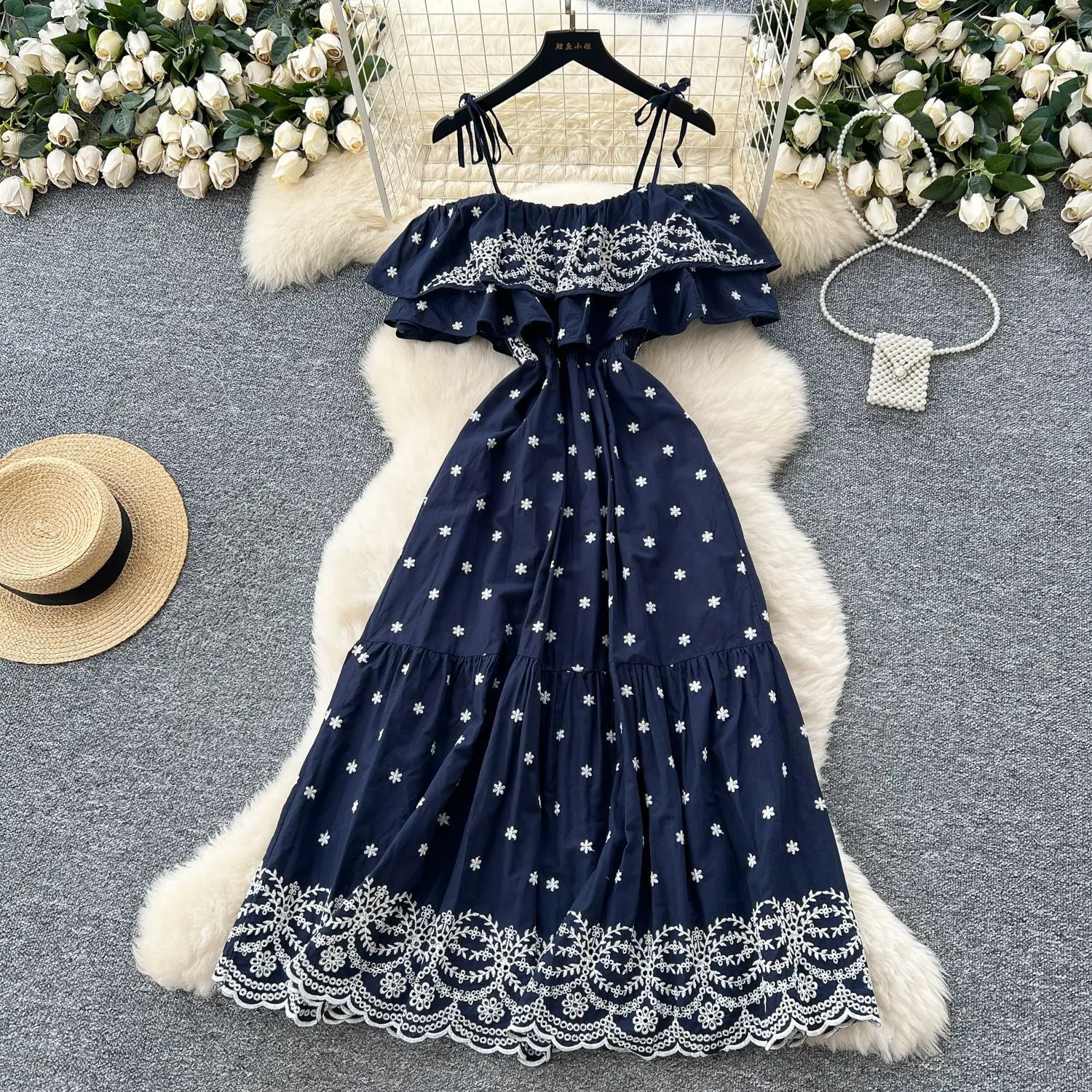

Long Dress Women Sling Dresses Off Shoulder A Line Vestidos Ruffles Sleeveless Elegant Splice Y2k Streetwear Embroidery Party