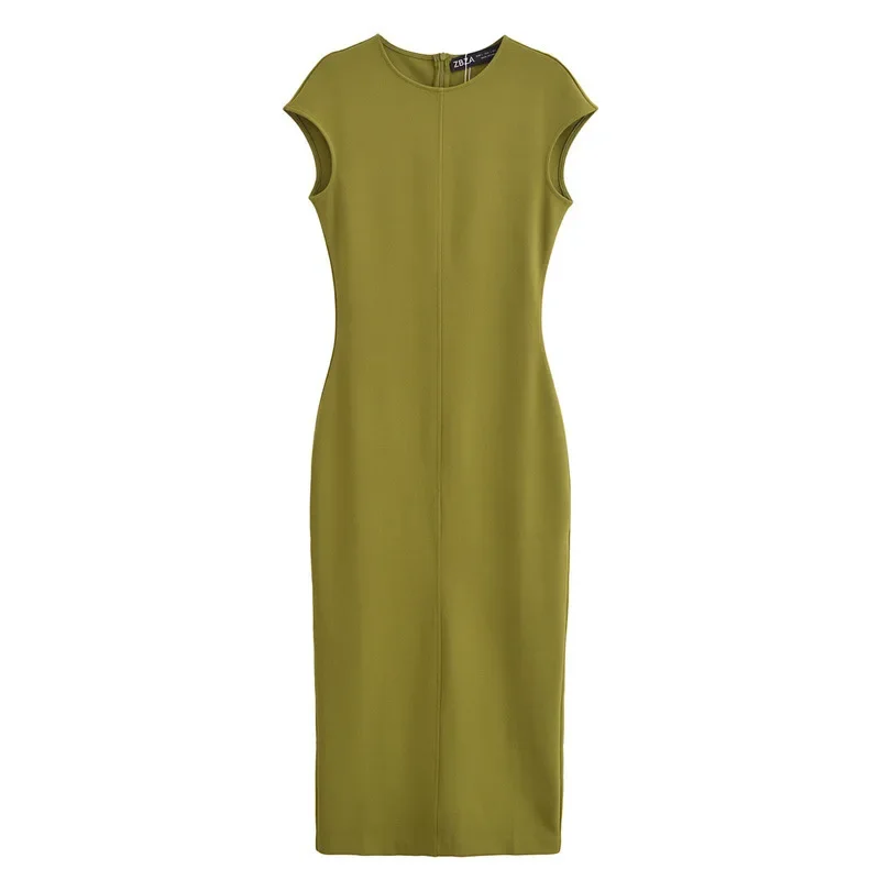 여름 간단한 솔리드 컬러 여성 오피스 드레스 패션 라운드 넥 여성 민소매 긴 드레스