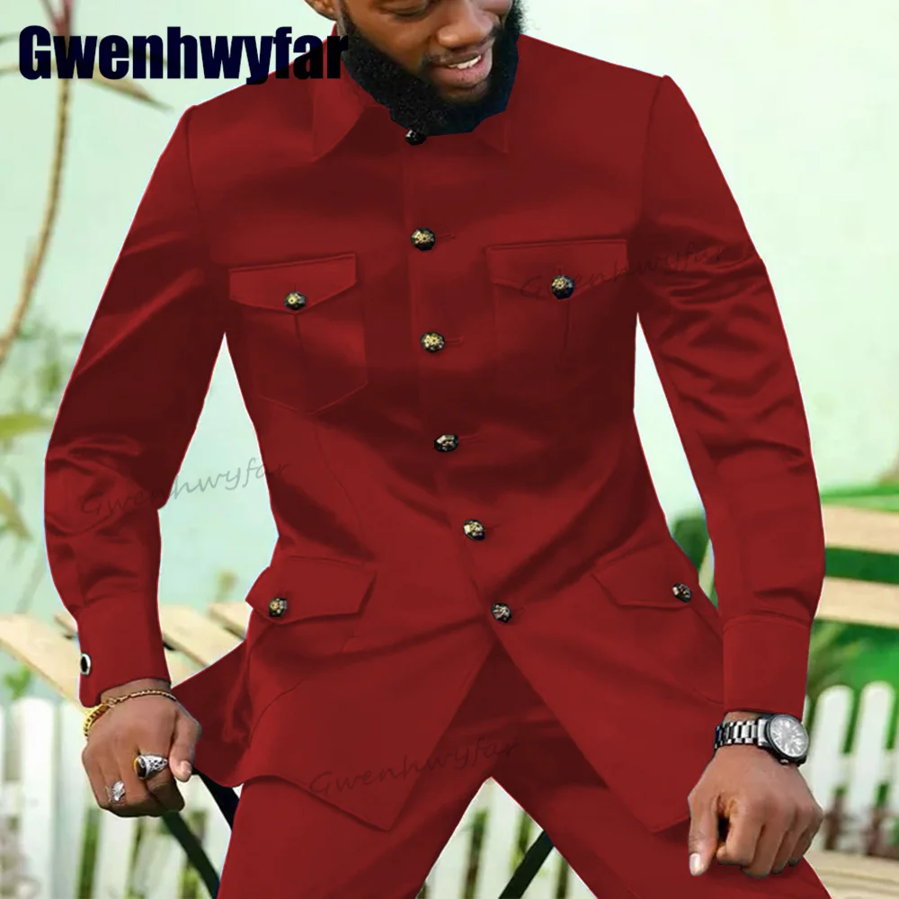 Gwenhwyfar High Quality Africa Stand Collar Chinese Design Male Suits Wedding Blazer Sets 2 Pcs Jacket Pants Men\'s Set 4 Pockets