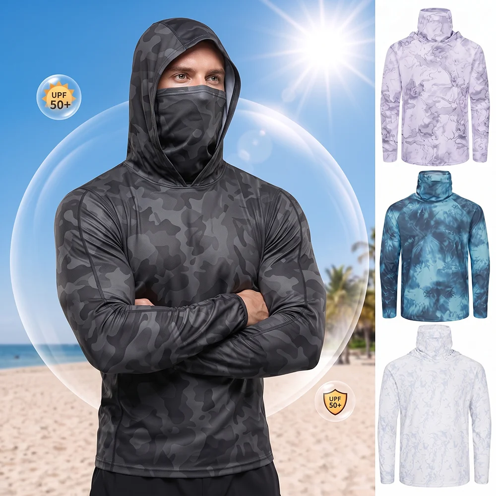 Men Camo UPF50+ Sun Protection Fishing Hoodie With Face Mask Long Sleeve Breathable Outdoor Fishing Shirts
