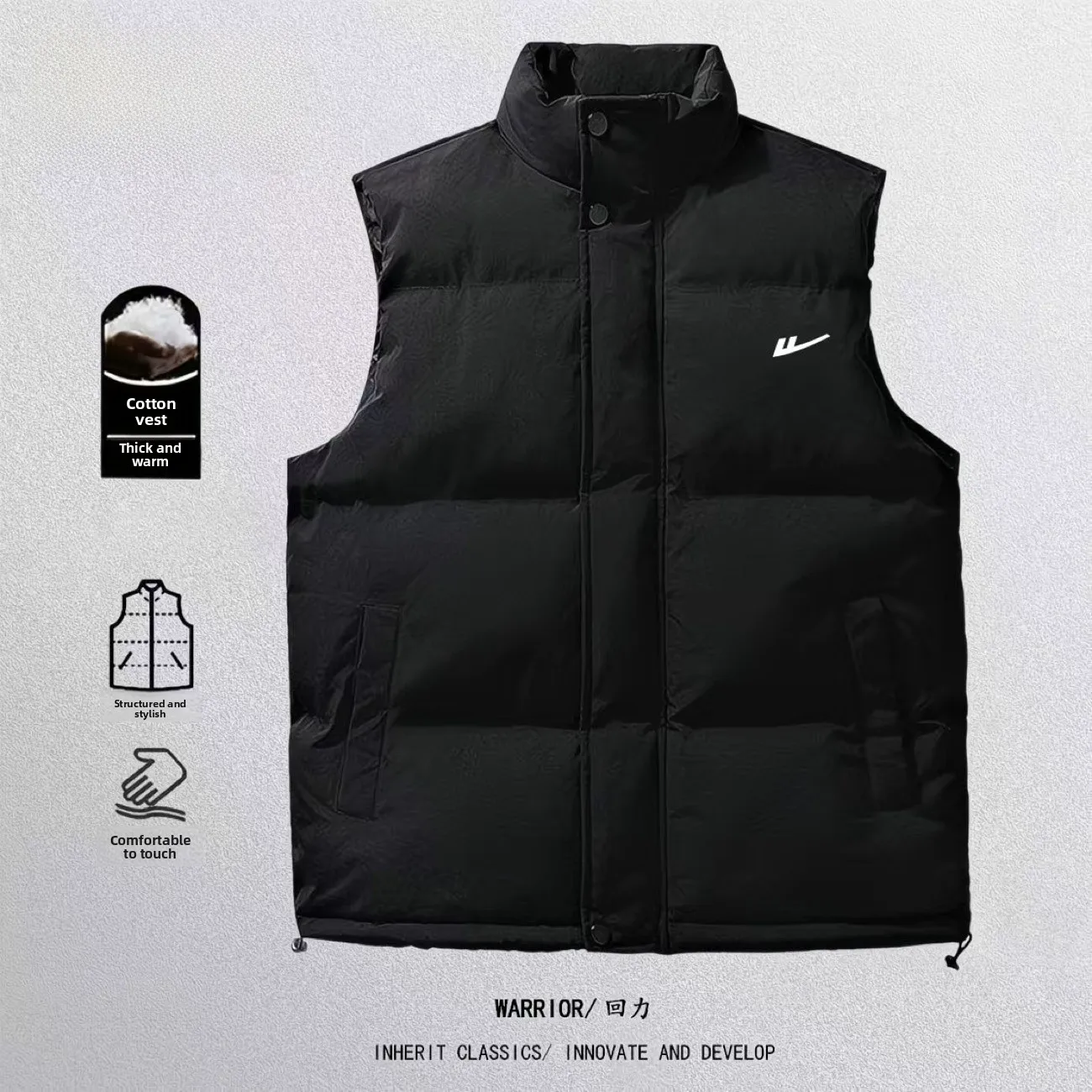 

Warm Windproof Cotton Vest Men's Color Collarl Svel Casual Outerwear Fce Lined Zipper Closure Faionable