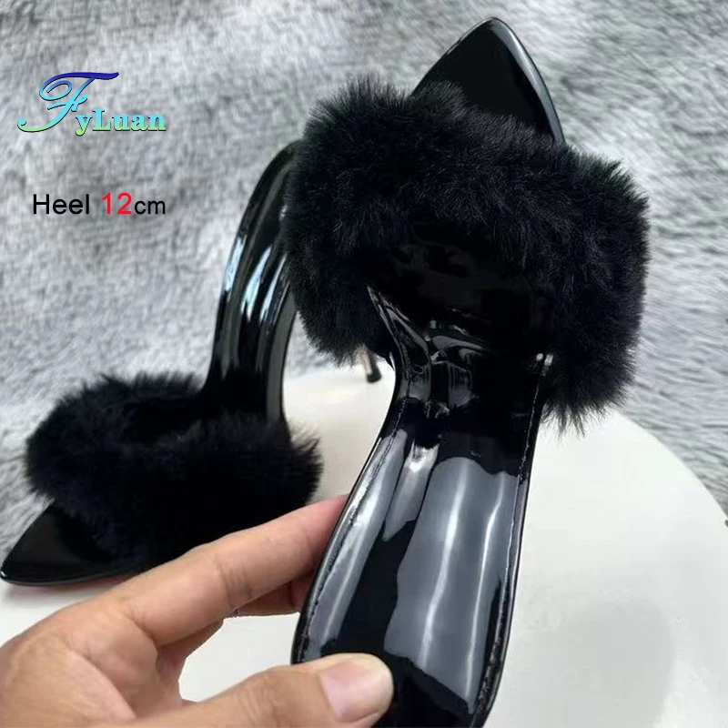 

Europe And America 12cm High Heel Women Slippers Fashion Champagne Rabbit Hair Thin Heel Sandals External Wearing Sexy Lady Shoe