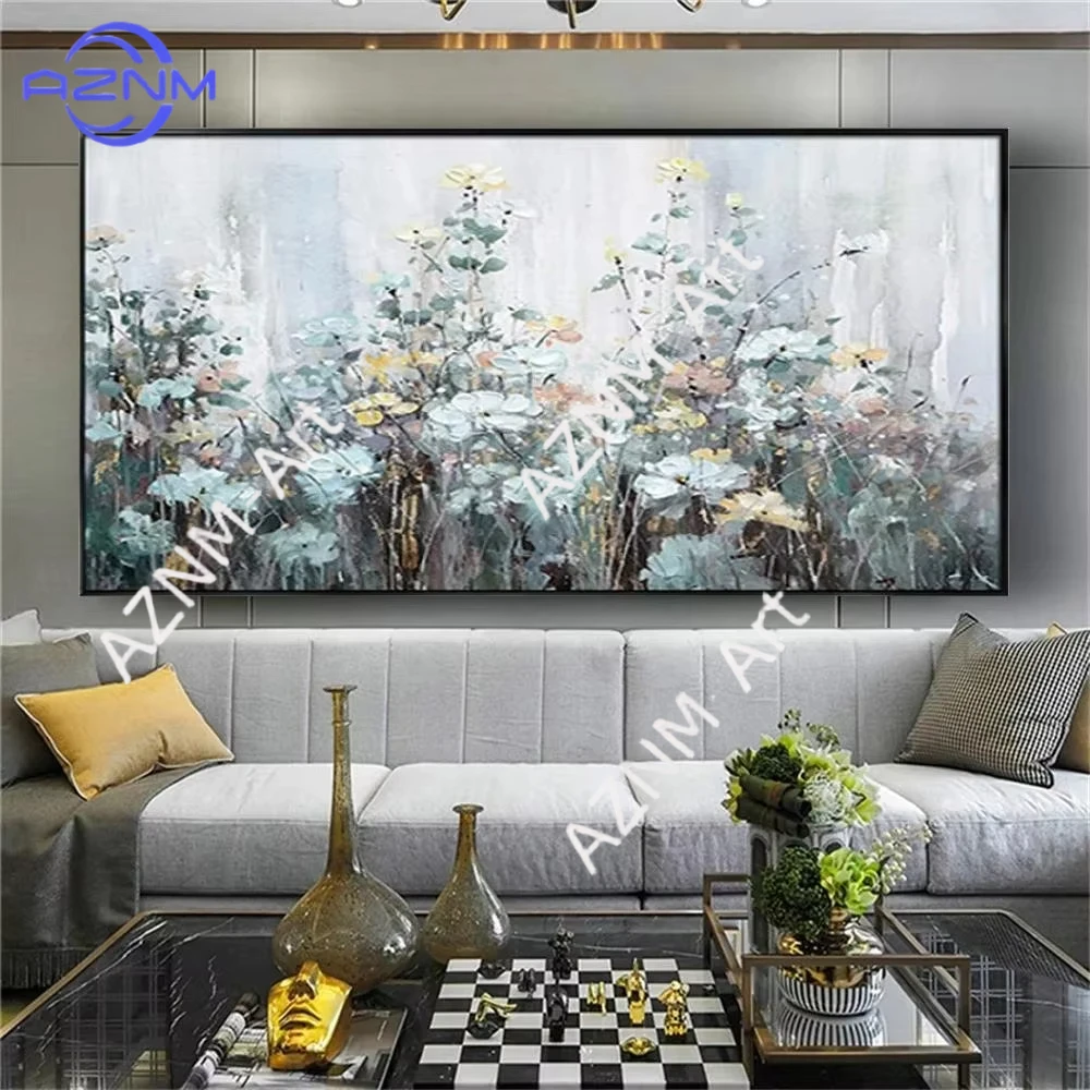 1 Stück, großes handgefertigtes abstraktes Ölgemälde auf Leinwand, moderne skandinavische Blumen-Wandkunst