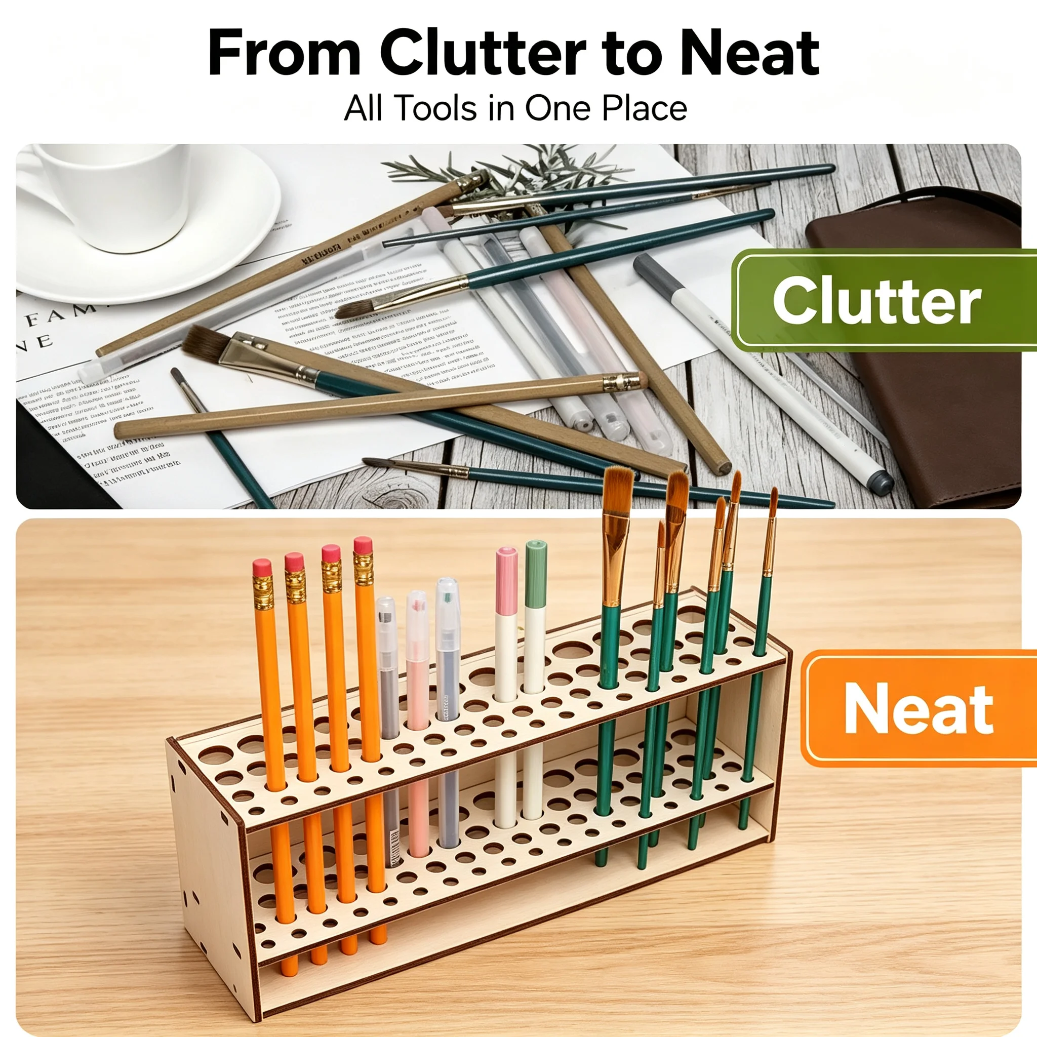 67-Slot Wooden Brush Holder Large Capacity Desk Organizer for Pencils Paint Brushes Makeup Tools Office HomePen Holder Pen Case