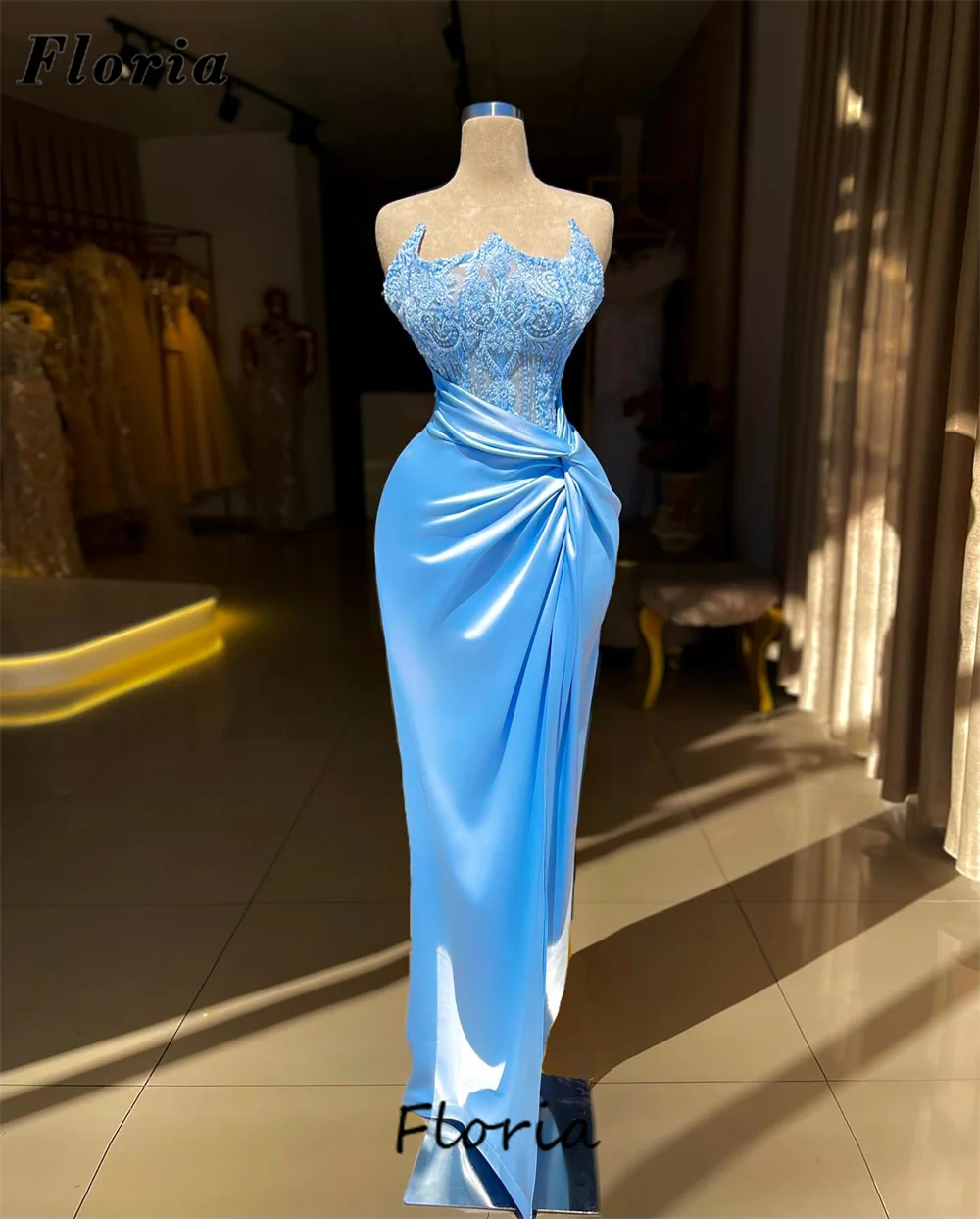 

New Elegant Blue Strapless Evening Dresses Arabic Dubai Beading Women Prom Dress Engagement Dress 2024 Satin Wedding Party Gowns