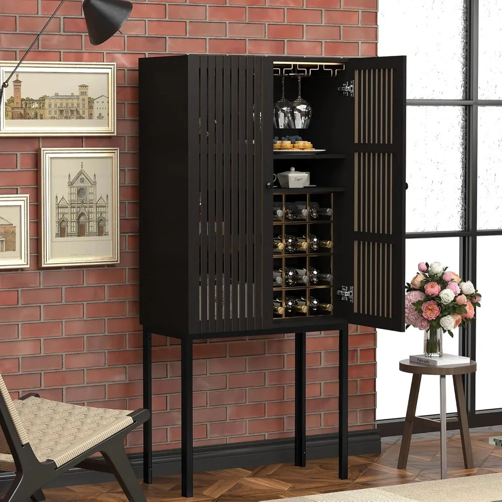 

Tall Legs Wine Bar Cabinet with Removable Racks - Multifunctional Pantry Storage,Slat Door Wood Metal Design with Stemware Slots