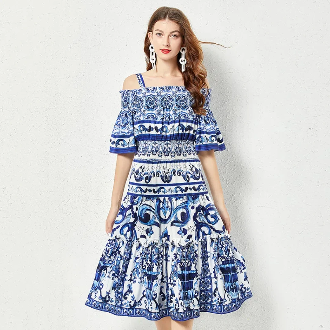 

LAI MENG FIVE CATS Women's Boho Strapless Short Sleeve Floral Printed A-line Hem Midi Dresses