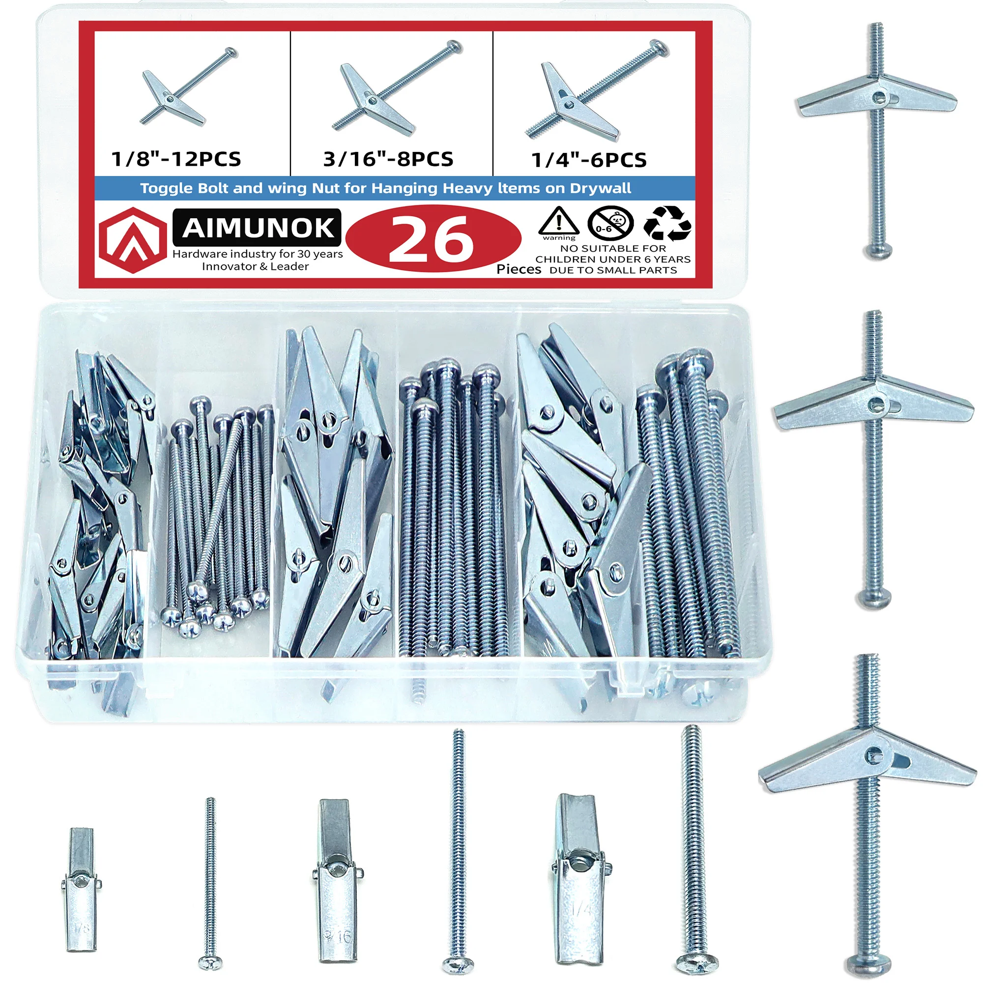 26pcs Toggle Bolt and Wing Nut for Hanging Heavy Items on Drywall Heavy Duty Hollow Wall Anchors for Drywall Carbon Steel
