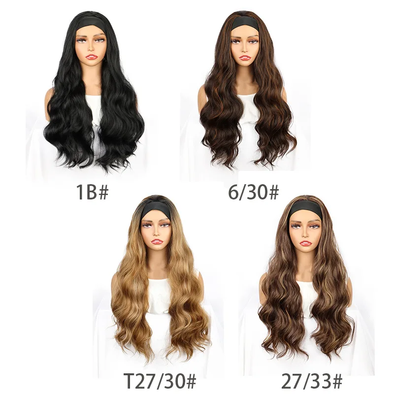 Synthetic Long Straight Curly Wave Headband Wig for Women, Black Fashion Scarf Cap, Versatile Turban Style, Daily Party Cosplay