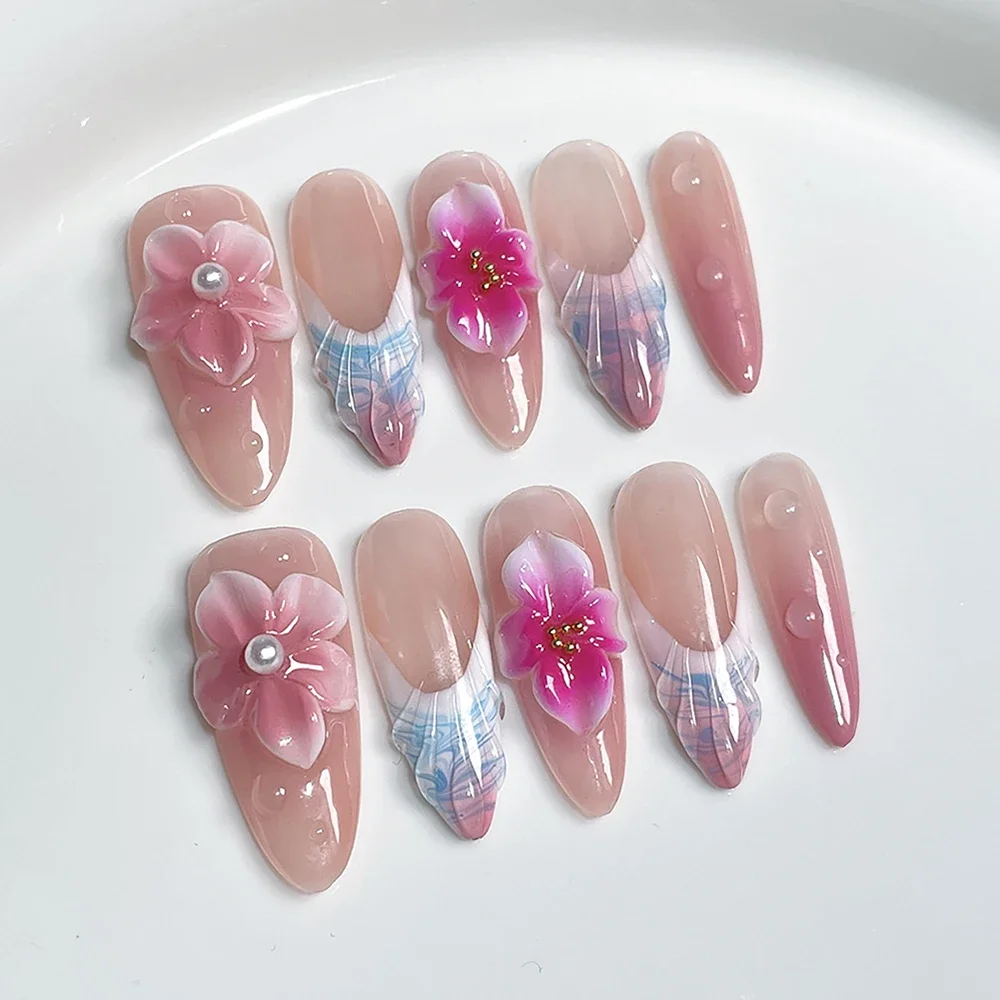 10Pcs Y2K Handmade Duckbill Long Coffin Almond French False Nails Spice Girl 3D Flowers Diamond Pearl Wearable Press On Nails