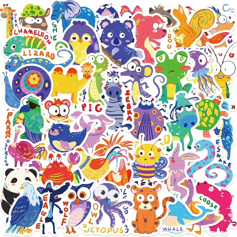 

10/30/50PCS Colored English Animals Sticky PVC Sticker Aesthetic DIY Decoration Scrapbooking Hand Accounting Supplies for Kids